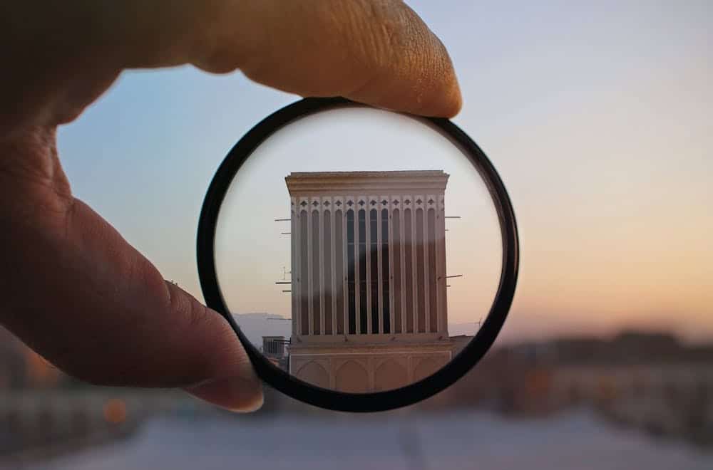 Using a lens to zoom in on a building