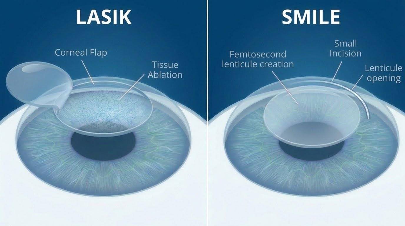 Illustration comparing LASIK and SMILE procedures